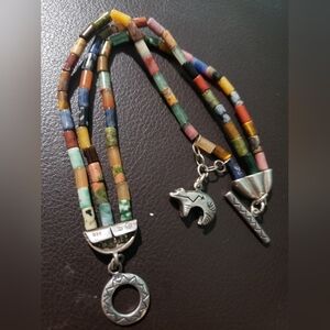 Vintage triple strand natural gemstone bracelet southwestern sterling .925